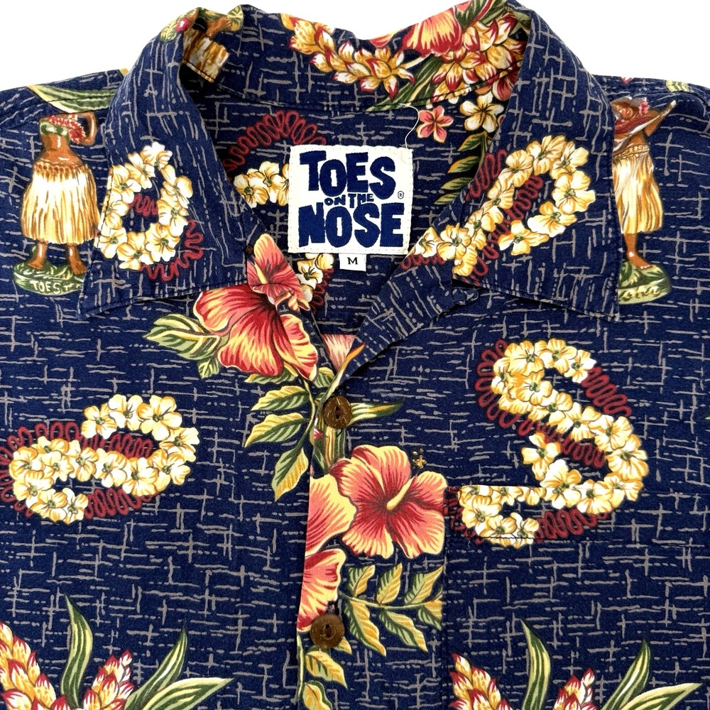 Toes‎ on the Nose Hawaiian Shirt Men M Navy Blue Hula Floral Aloha Button Down